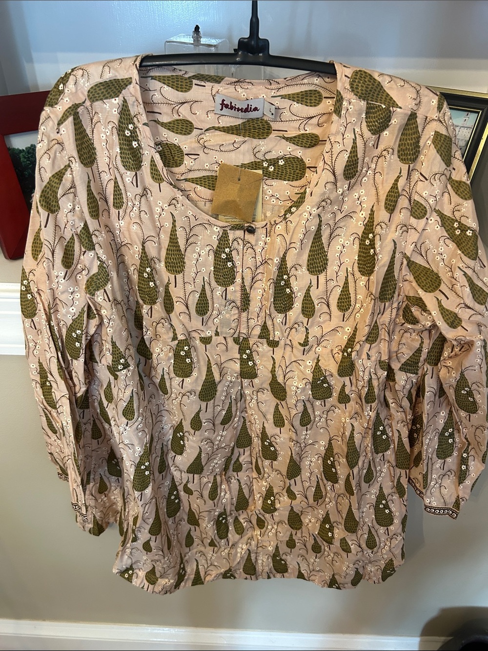 fabindia peach & Olive Printed Cotton blouse